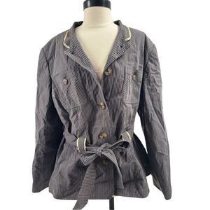 Apostrophe Striped Belted Blazer Jacket Blue Size 18W Plus